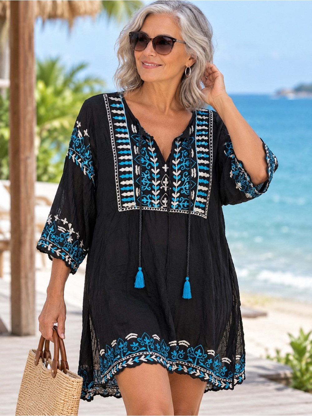Shoreline Black Swim Cover-Up with Turquoise & White Embroidery